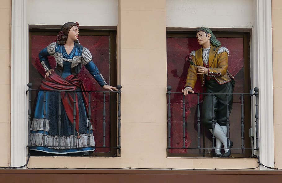 man and woman on terrace figurine, madrid, spain, capital, window, HD wallpaper