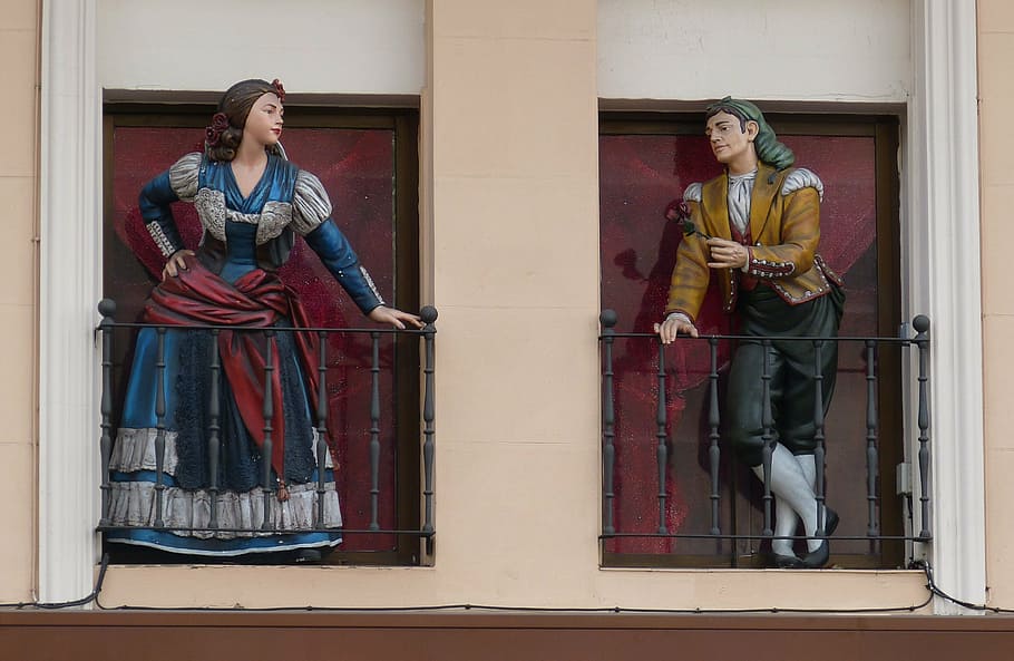 man and woman on terrace figurine, madrid, spain, capital, window HD wallpaper