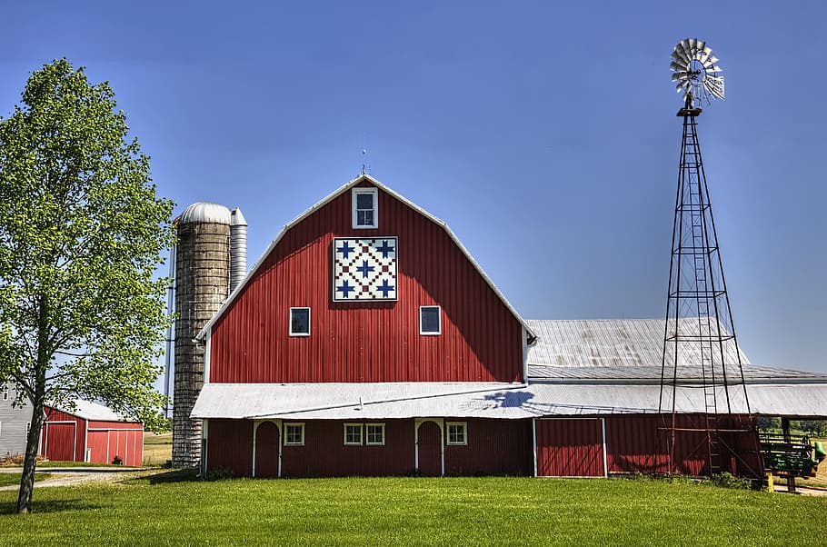 red barn near windmill, quilt, quilt barn, rustic, barns, ohio, HD wallpaper