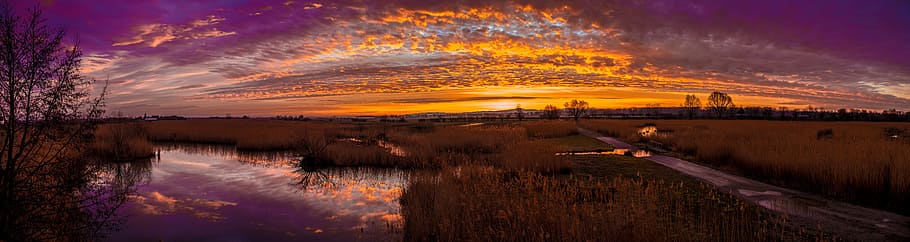 sunset, clouds, grass, lake, water, reflection, path, cloud - sky HD wallpaper