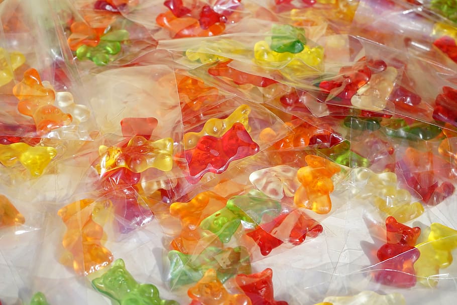 gummi bears, packed, sachets, mitbringsel, cellophane, fruit gums HD wallpaper