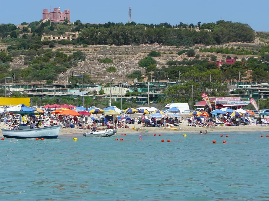 mellieha bay malta, matla, beach, malta beach, water, crowd, HD wallpaper