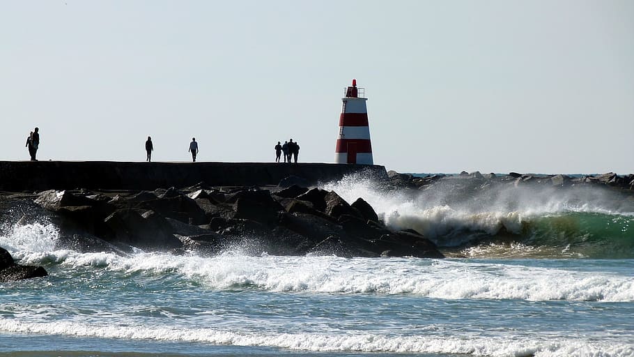 lighthouse, wave, coast, spray, rock, surf, back light, sea, HD wallpaper