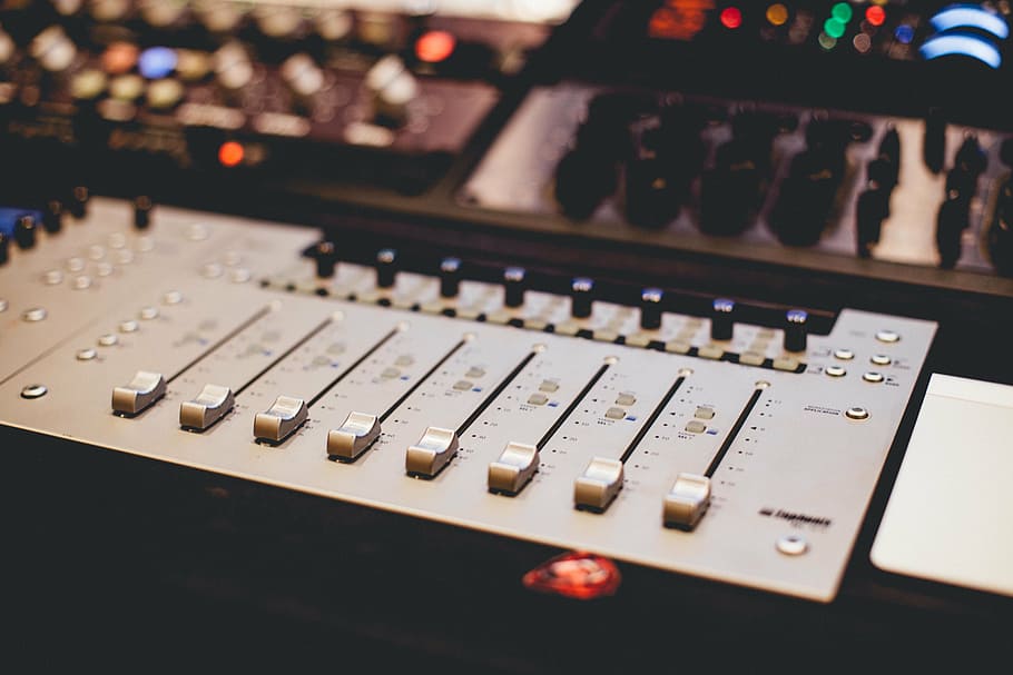 gray audio mixer, close, view, music, recording, instrument, equipment