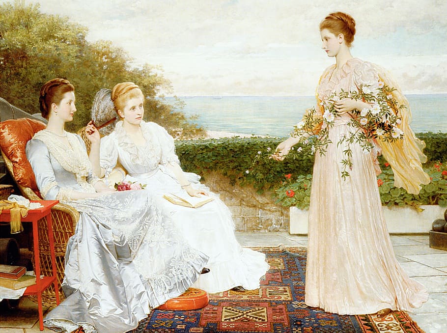 painting of three woman in white long-sleeved dresses, charles perugini