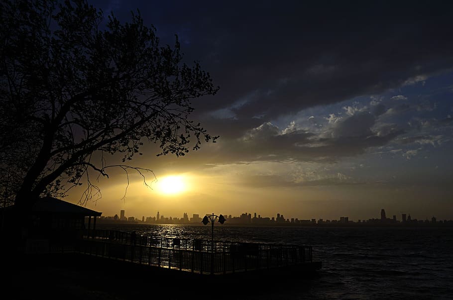 sunset, nature, sky, light, scene, lake, landscape, building exterior HD wallpaper