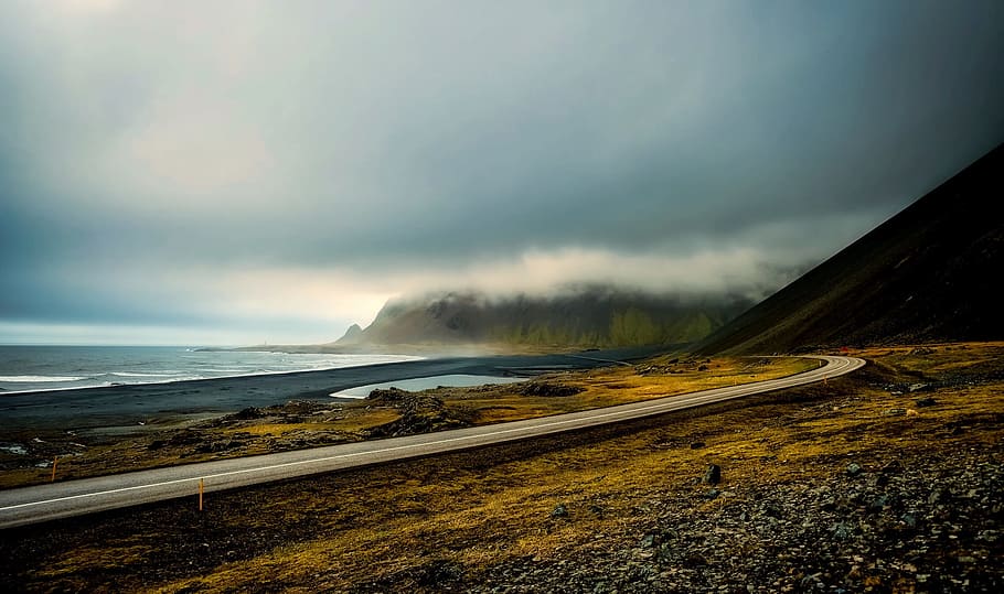 gray asphalt road, Iceland, Clouds, Sunrise, Morning, sky, fog HD wallpaper