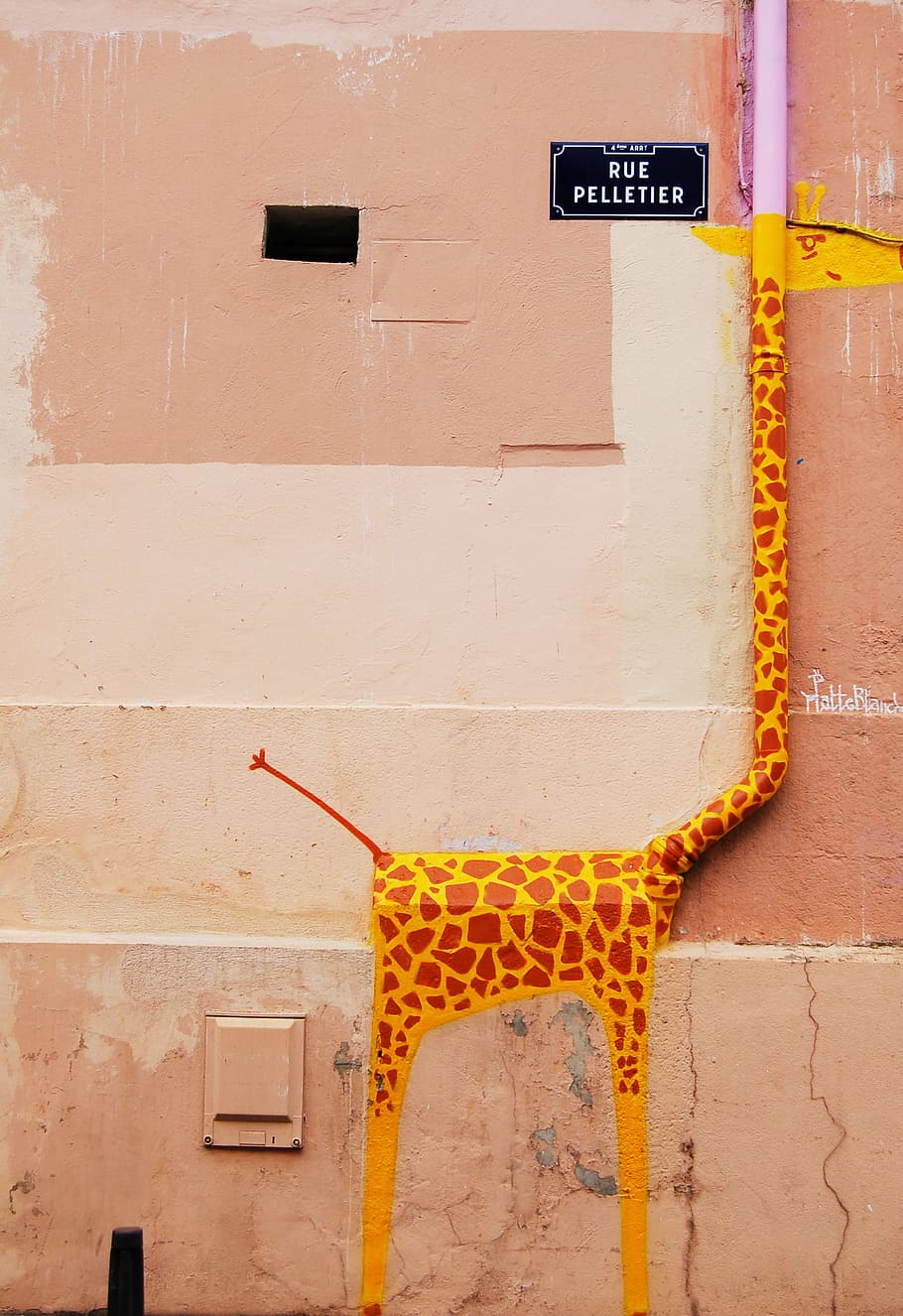 giraffe wall art, pink and orange plastic pipe, rue pelletier, HD wallpaper