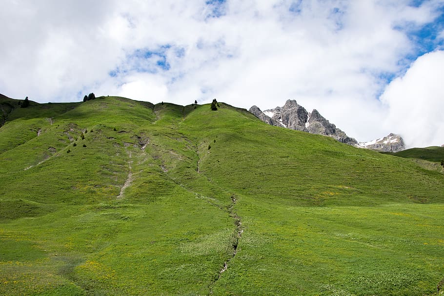 empty green mountain valley, hill, stream, austria, cloud - sky HD wallpaper