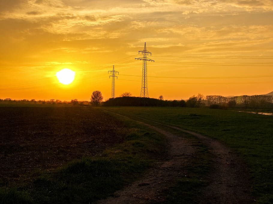 sunset, twilight, landscape, nature, sky, electricity, technology HD wallpaper