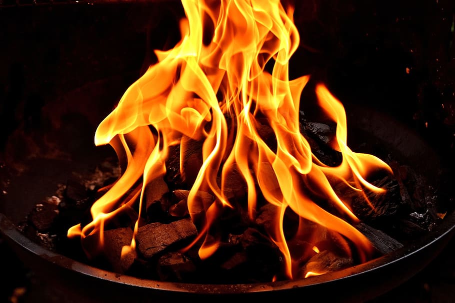 black charcoal with fire at nighttime, flame, carbon, burn HD wallpaper