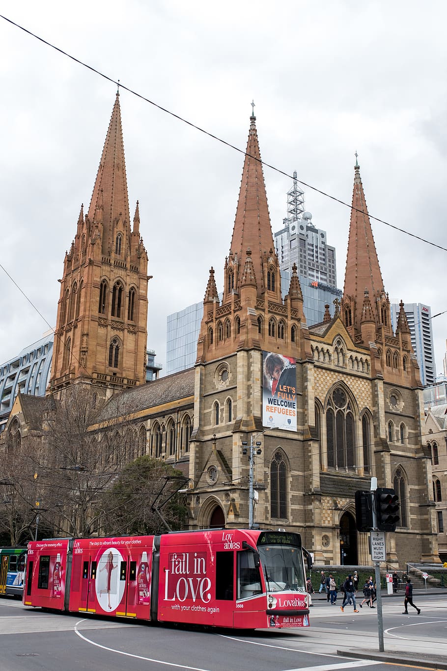 church, spire, spires, cathedral, city, tram, melbourne, steeple