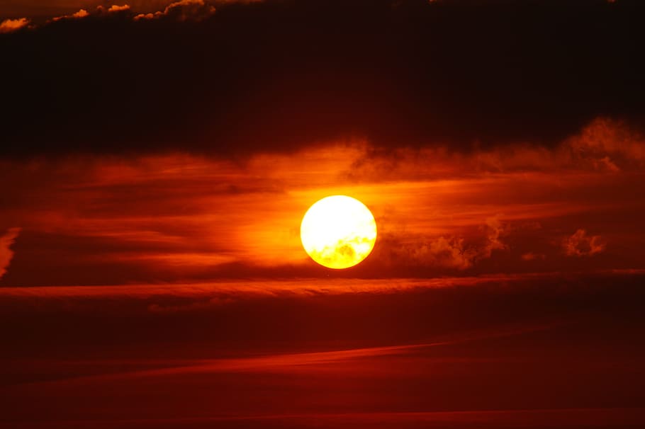 orange sun and clouds, Sunset, Moon, Evening, Sunrise, sky HD wallpaper