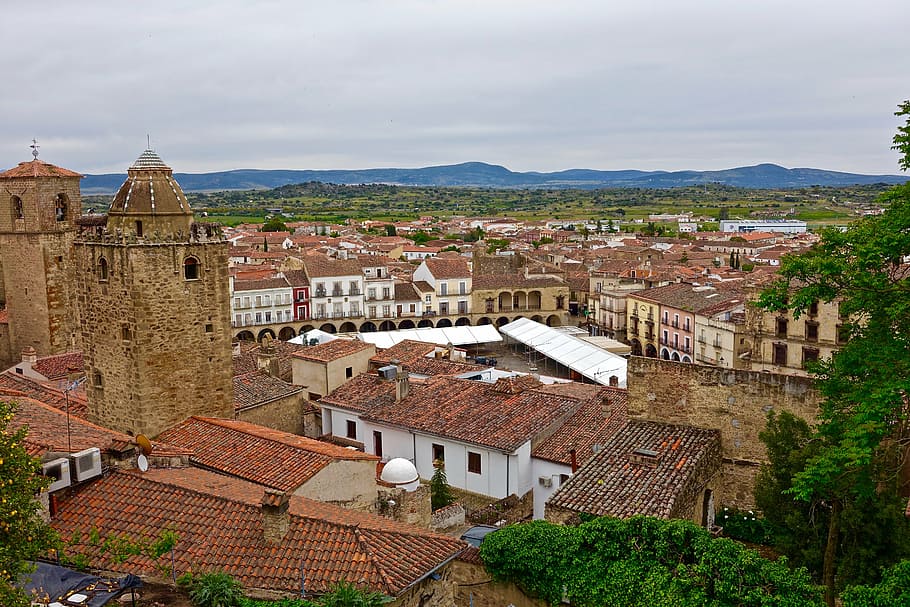 trujillo, spain, rooftops, tiles, red, mediterranean, village HD wallpaper