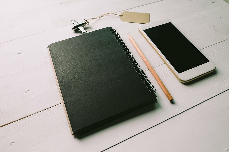 black notebook, pencil, mobile, phone, technology, touchscreen HD wallpaper