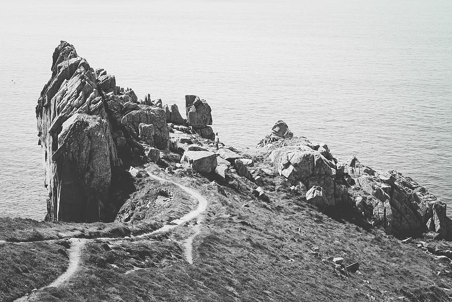 black and white, path, grass, nature, landscape, cliff, hill HD wallpaper