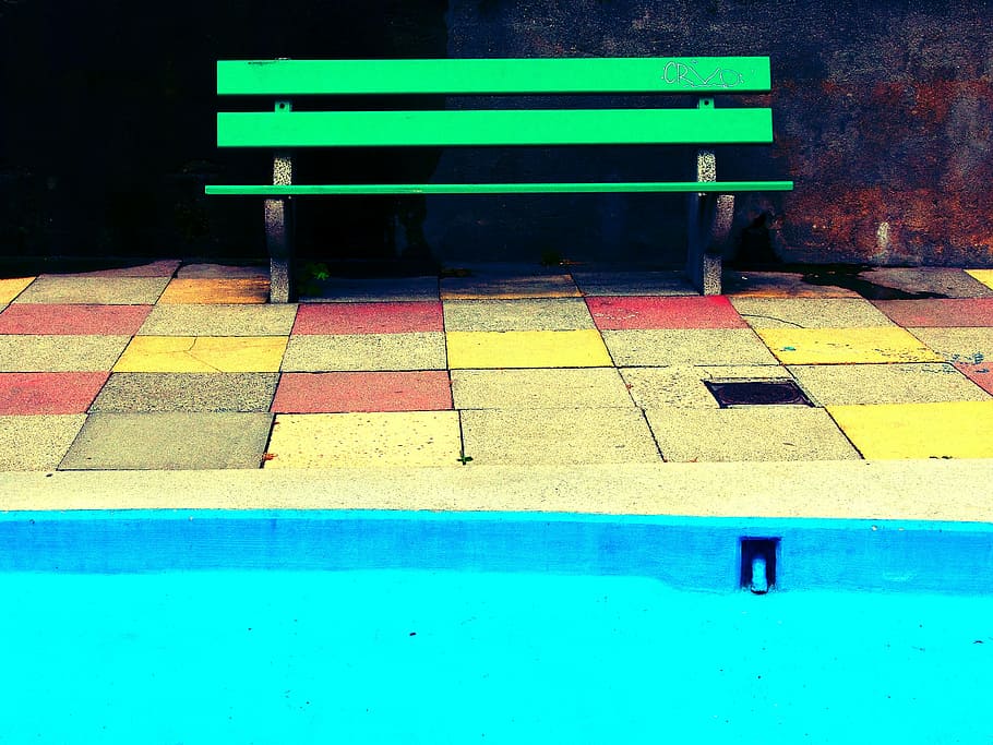 photo of green wooden bench, beside, wall, blue, pool, tiles HD wallpaper