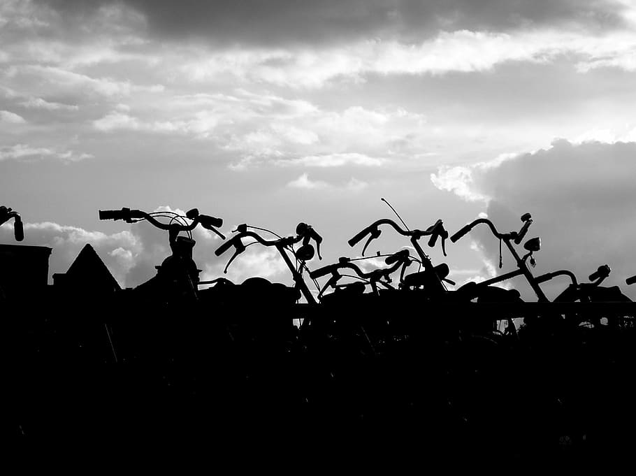 bicycles, backlight, sky, clouds, cloud - sky, silhouette, nature HD wallpaper