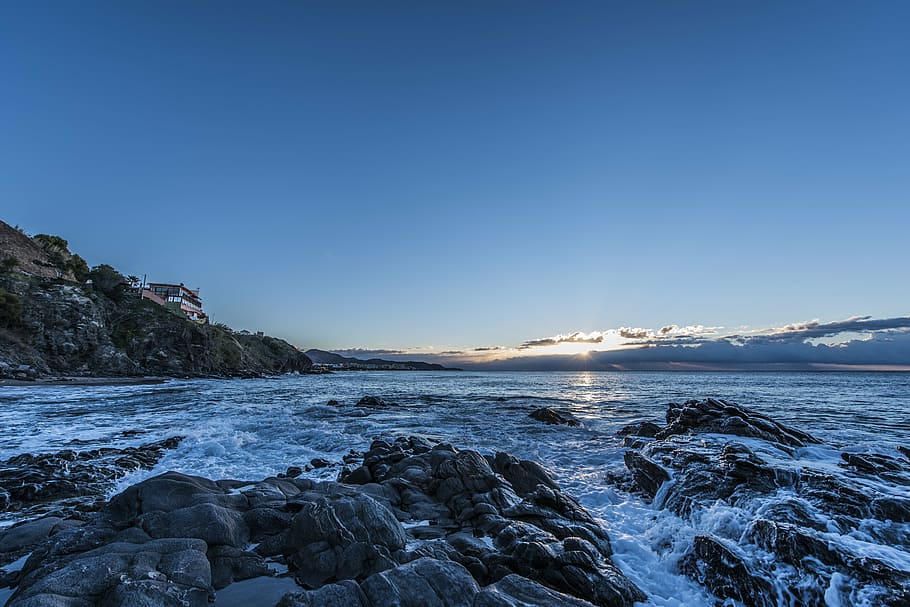 snow field near mountain, dawn, beach, guilche, nerja, malaga HD wallpaper