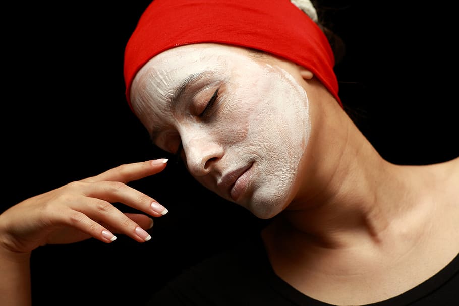 woman with face paint wearing red headband, model, girl, women's