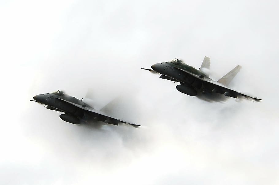 two flying fighter jets, military jets, flight, f-18, airplane