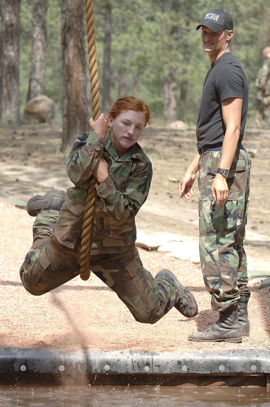 woman hanging on rope, soldier, swing, obstacle, water, course, HD wallpaper