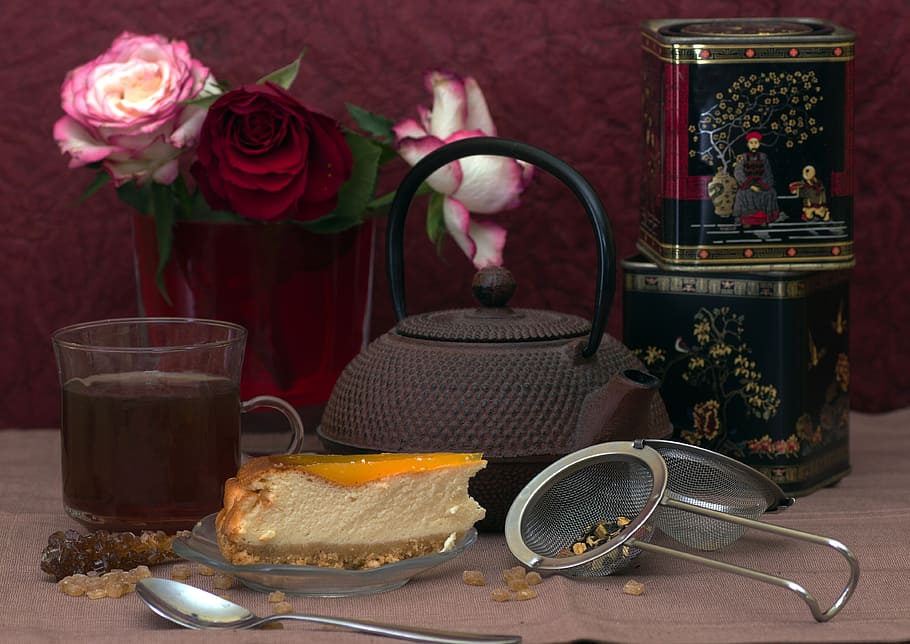 sliced cake, still life, tee, pot, teapot, tea tins, roses HD wallpaper