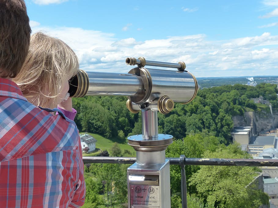 woman using telescope beside man, child, look, search, personal HD wallpaper