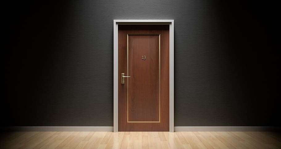 brown wooden flush door closed, bad luck, 13, thirteen, unlucky, HD wallpaper
