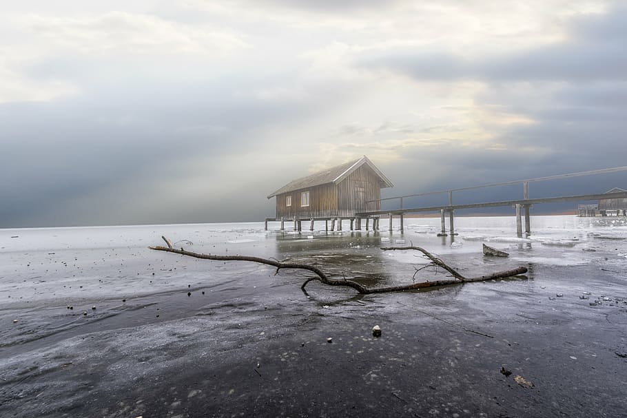 house on a dock, ammersee, boat house, frozen, water, lake, web, HD wallpaper