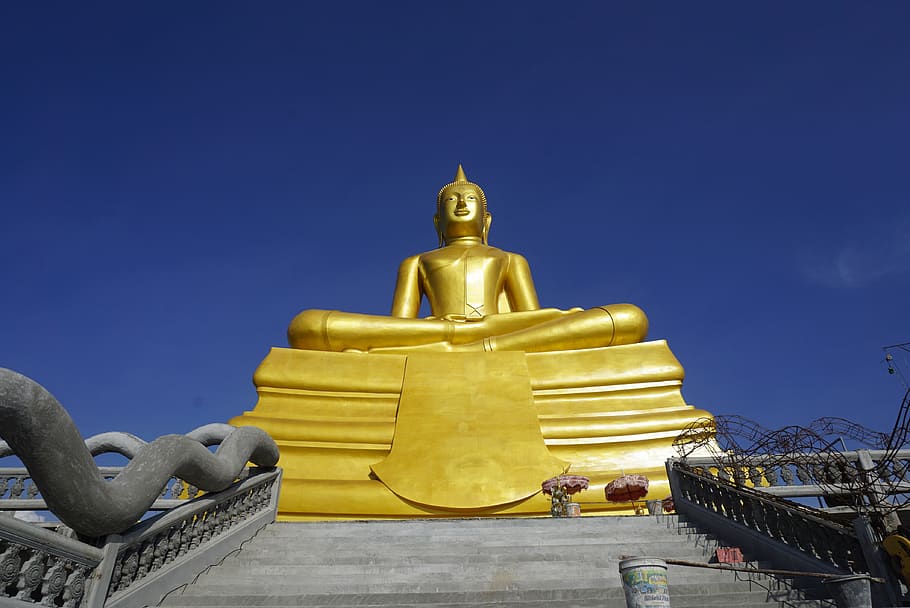 sky, trip, road, sculpture, statue, gold colored, religion HD wallpaper