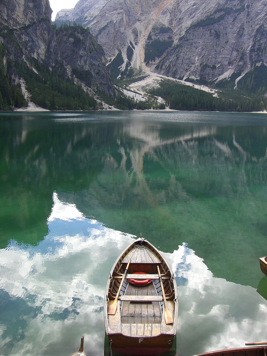 boat on body of water in front of alp, mirror, lake, boot, nature HD wallpaper