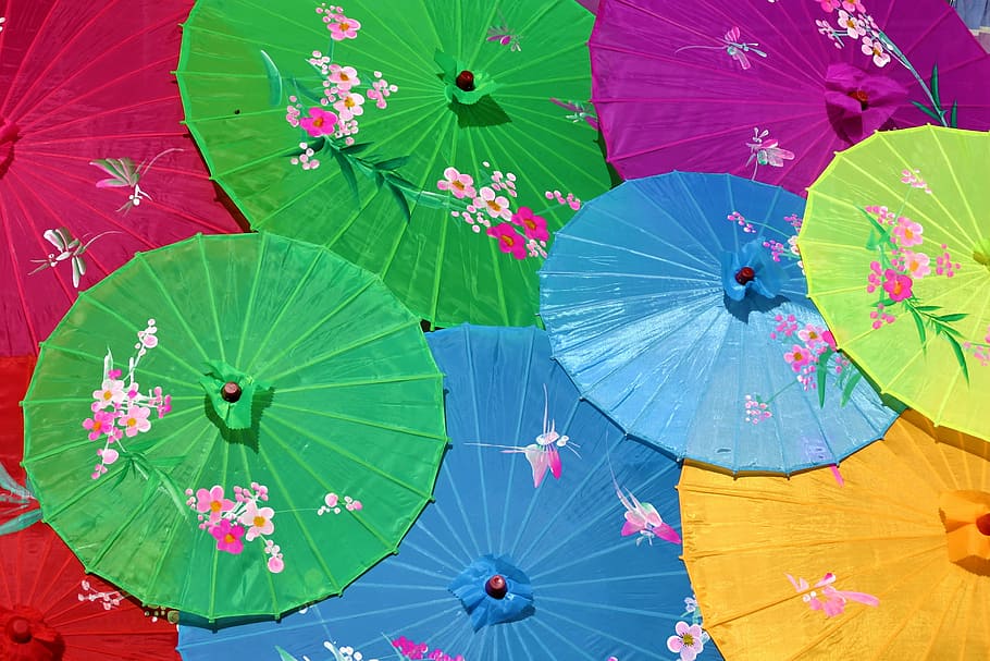 oil paper umbrella lot, chinese umbrellas, screens, colorful, HD wallpaper