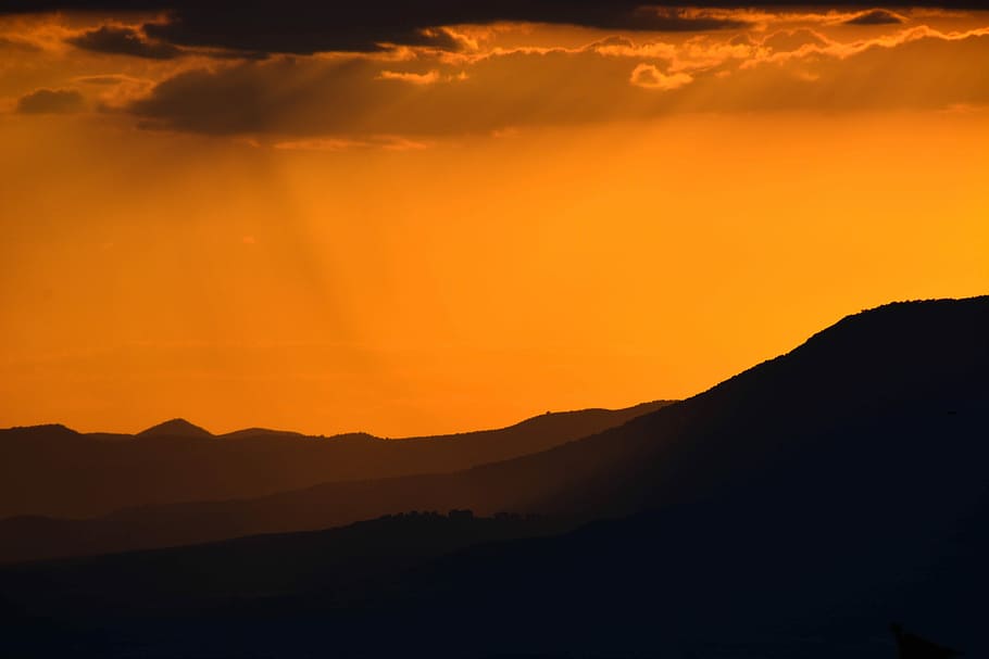 HD wallpaper: photo of mountains during sunset, silhouette of mountain ...