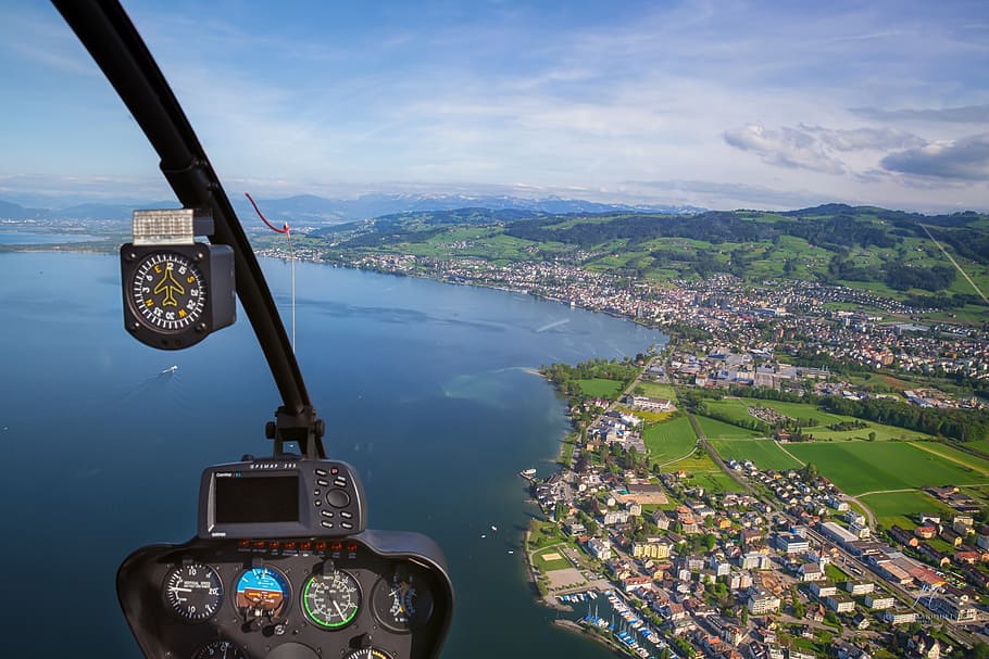 aerial photo of city beside shore, fly, helicopter, sky, air HD wallpaper