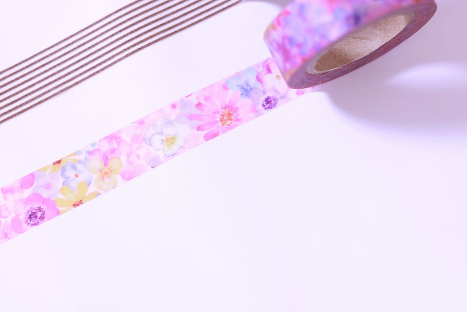 pink and yellow floral print self-adhesive tape on white surface, HD wallpaper