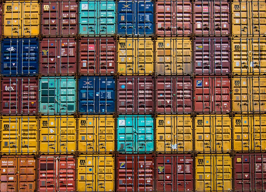 freight container lot, colorful, van, cargo, wharf, architecture HD wallpaper