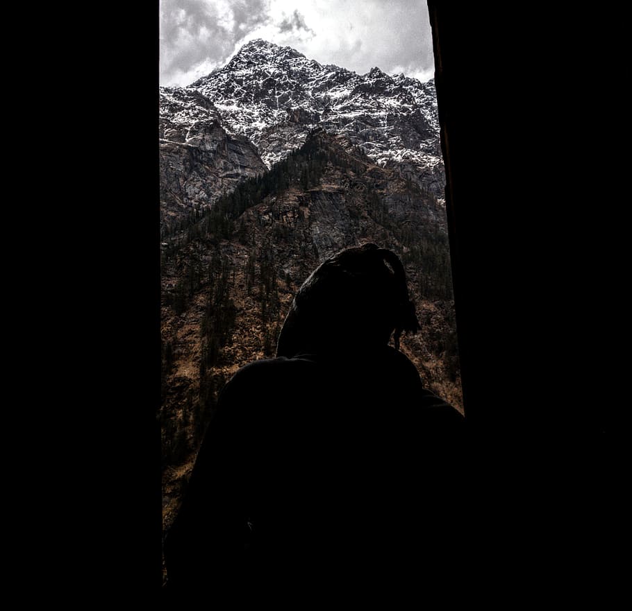 mountain covered under dark sky, brown and white mountain, Room with a view HD wallpaper