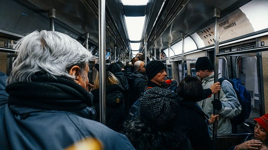 NYC Subway, group of people inside the train, metro, underground