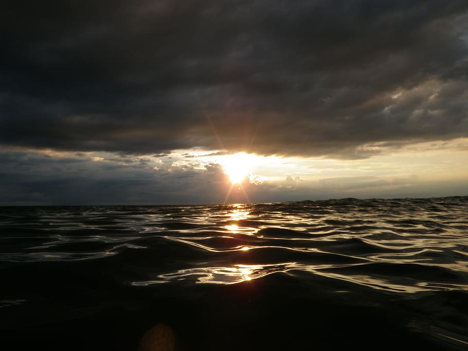 Sunset, Clouds, Dark, Rays, Ocean, beach, evening, sky, light HD wallpaper