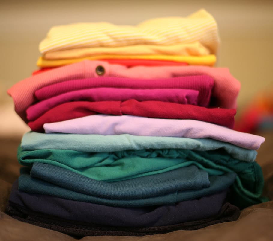 assorted-color top lot, folded, laundry, stack, t-shirt, red, HD wallpaper