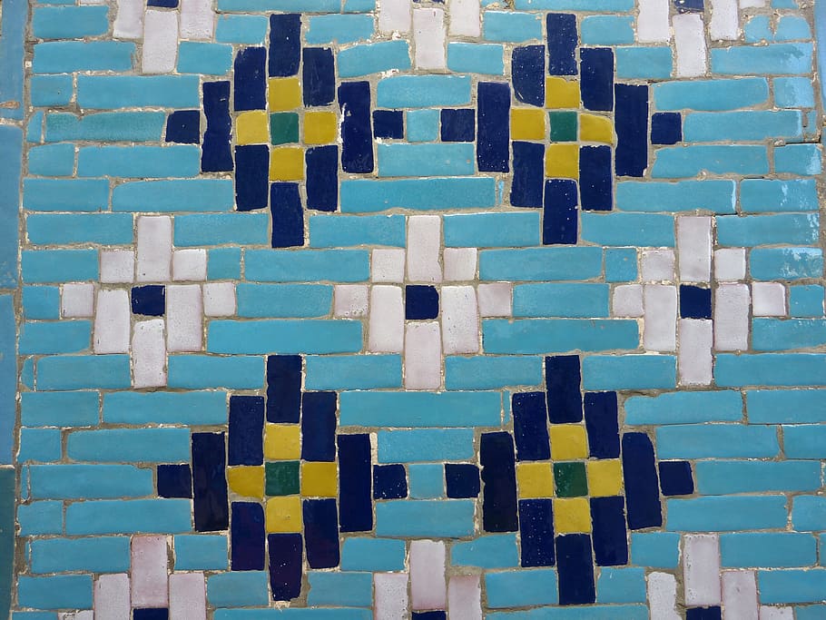 blue, white, and light-blue tile wall art, uzbekistan, mosaic, HD wallpaper