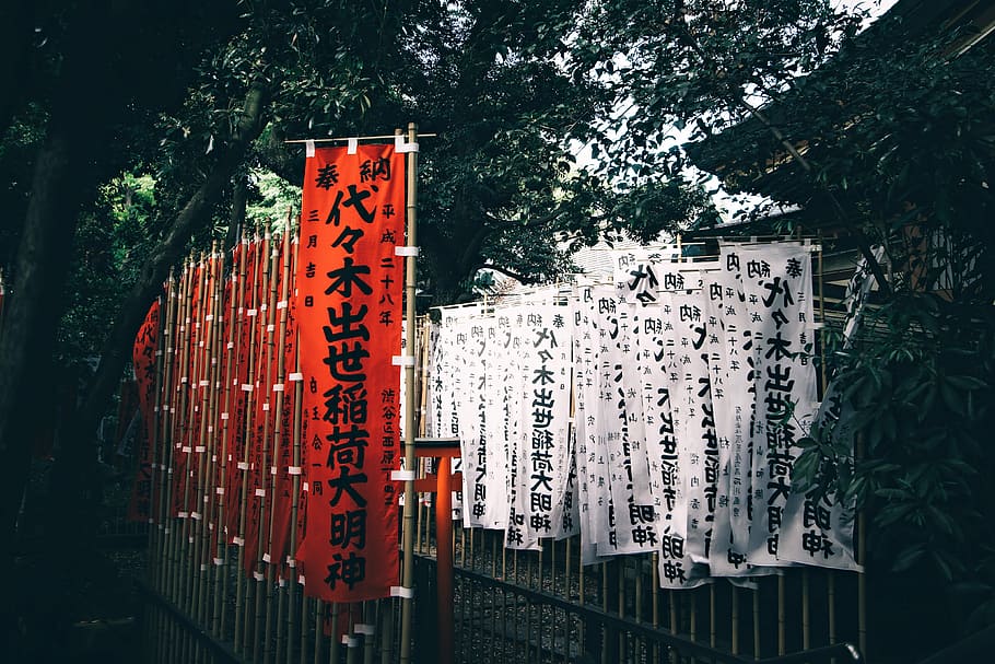 assorted-color-and-text tarp lot on fence, low light photography of red and white banners HD wallpaper