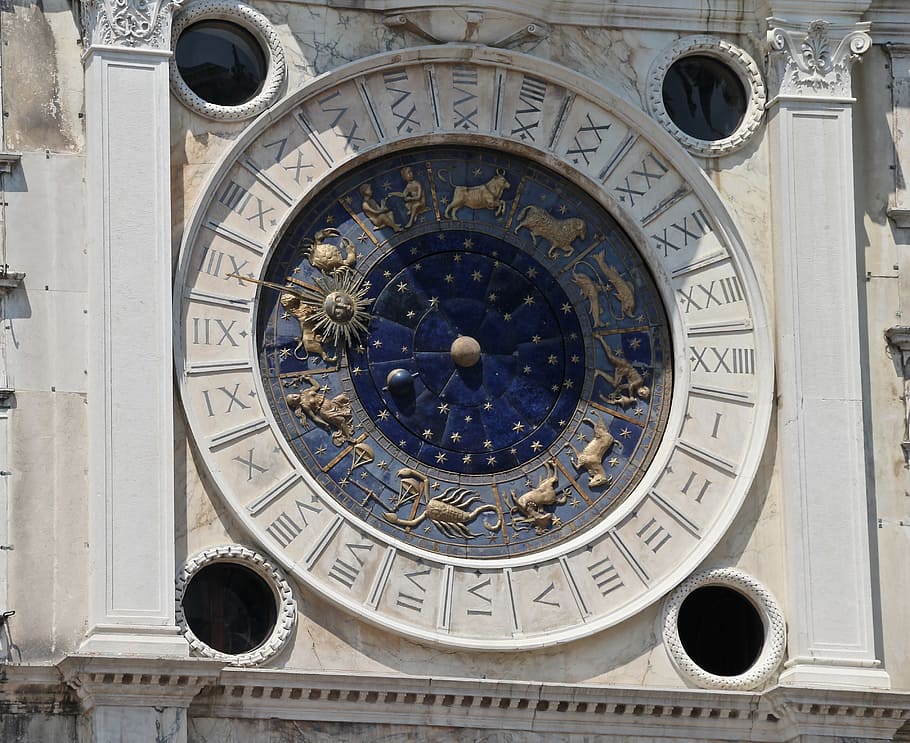 round white concrete zodiac sign emboss decor, sun dial, astronomy