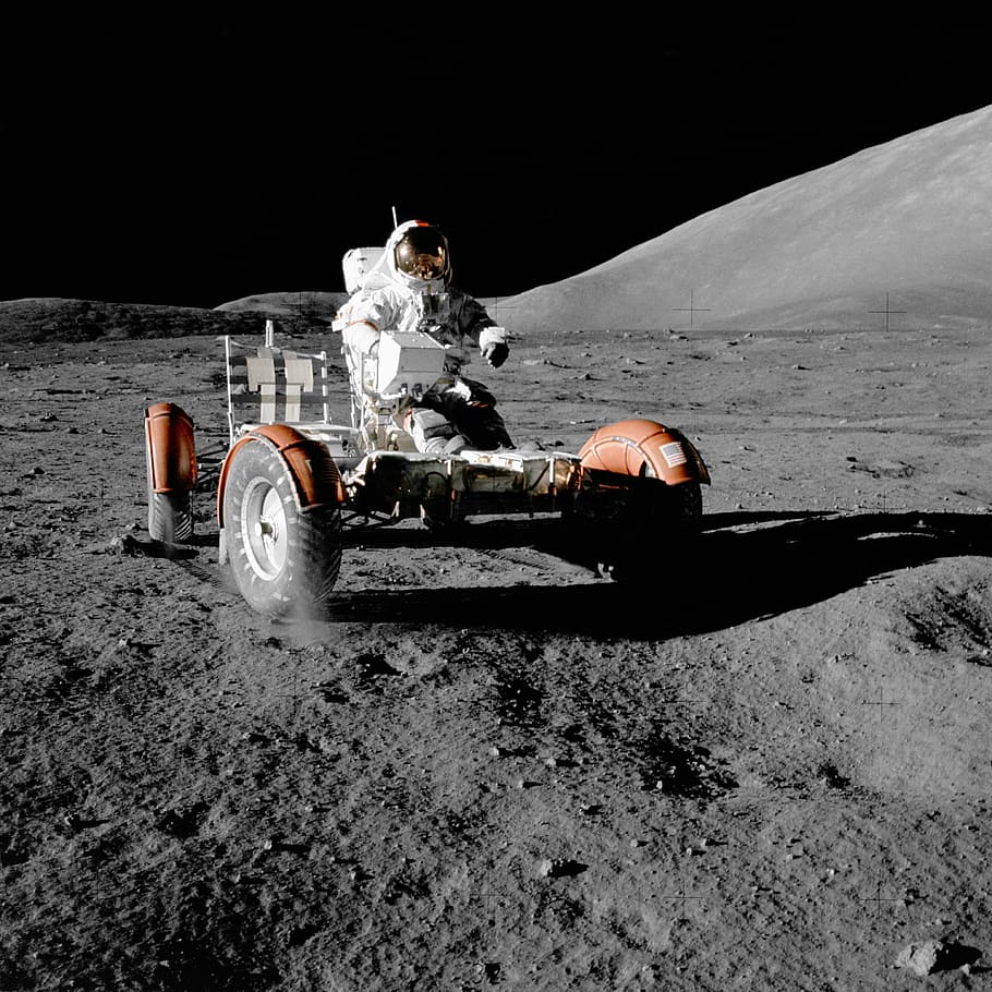HD astronaut riding drone, moon vehicle, space travel, moon buggy Wallpaper Flare