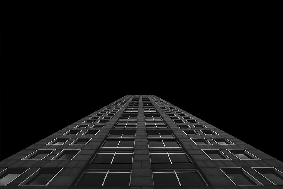 worm's eye view photo of building during night time, low-angle photo of grey concrete building at night time HD wallpaper