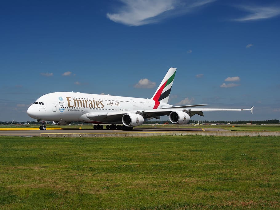 emirates, airbus a380, aircraft, plane, airplane, airport, jet