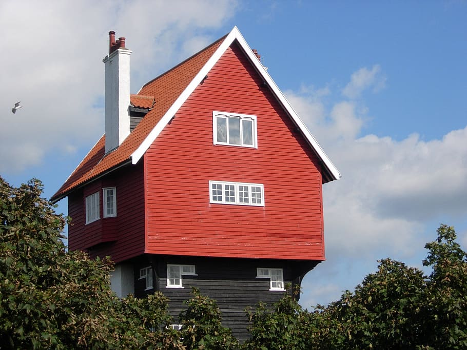 thorpeness, windmill, suffolk, coast, aldeburgh, house clouds HD wallpaper