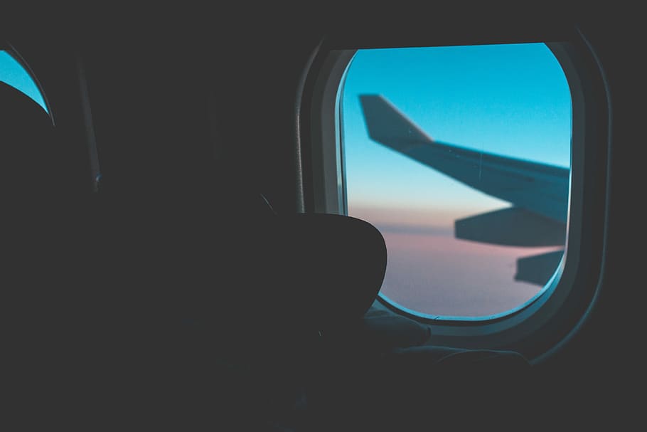 photo of inside airplane, silhouette photo of person in plane looking window HD wallpaper