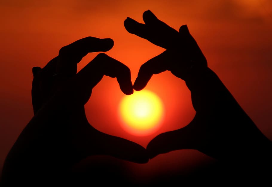 silhouette photo of person's hand making heart, Sun, Hands HD wallpaper